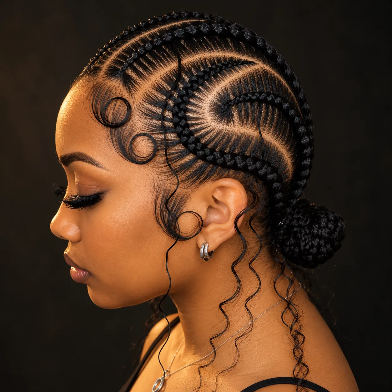 Curved stitch braids gathered into a low braided bun