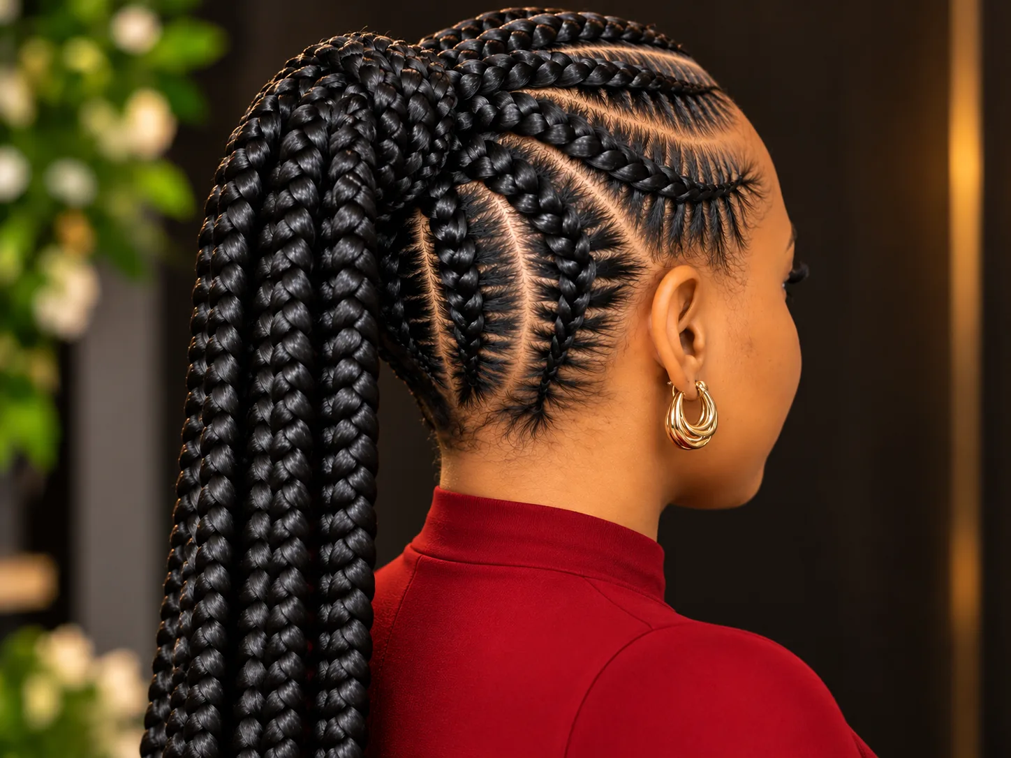 High braided ponytail of jumbo black box braids with curved stitch parts, rear view