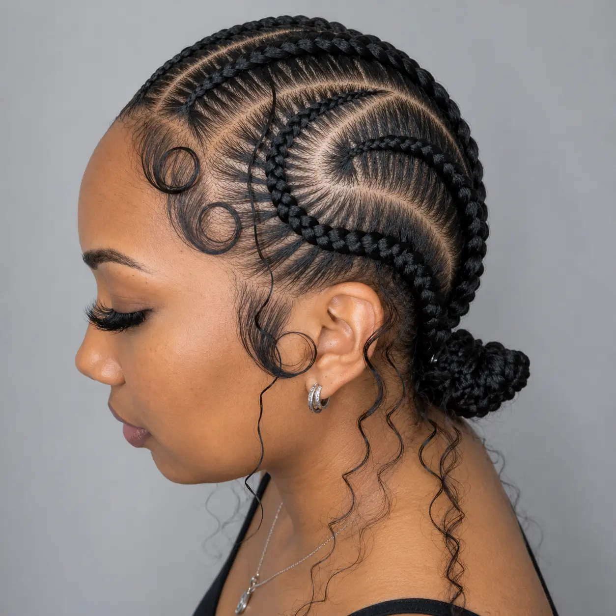 Curved sculpted feed-in braids with swirled baby hairs and a low braided bun, left profile